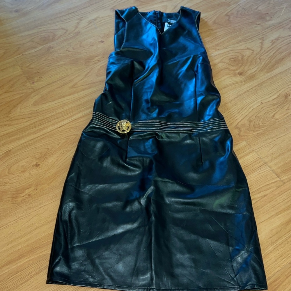 Vintage Versace Leather Jean Couture Dress with waist Medalion Logo